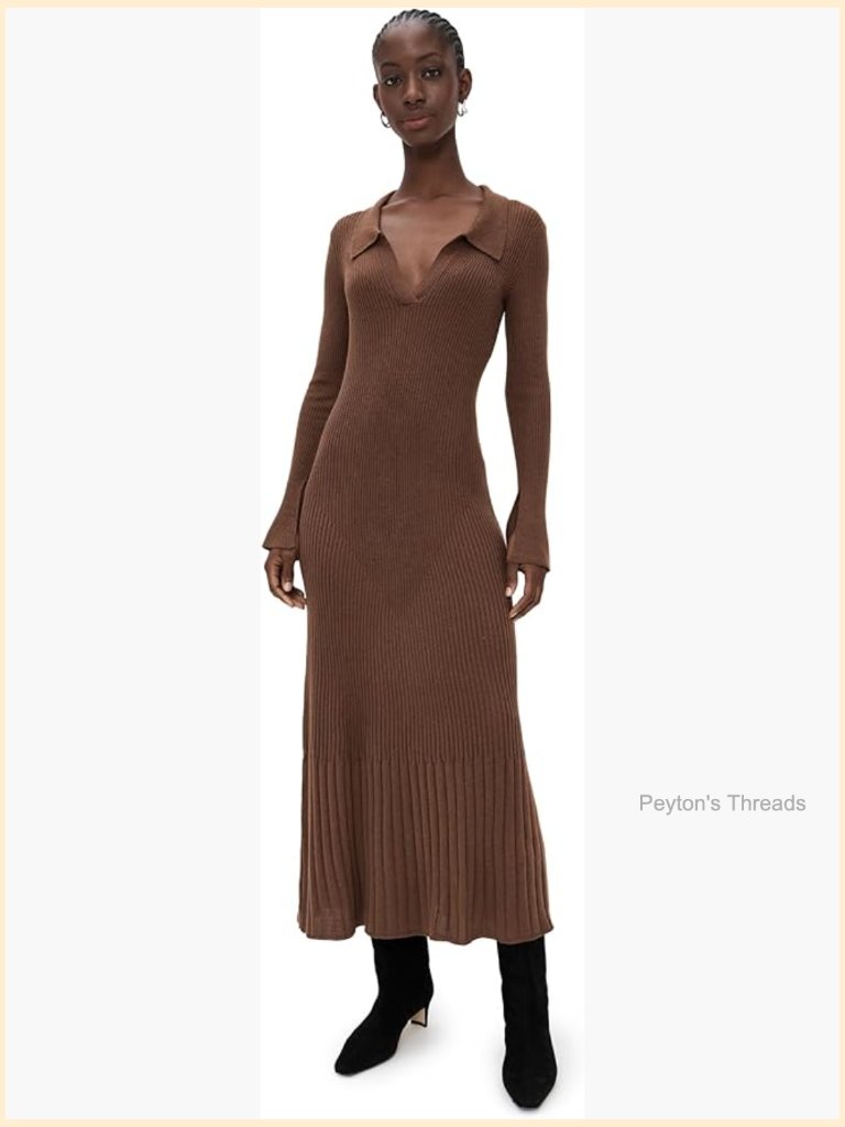 Midweight Ribbed Knit Midi Dress With Collared Neck And Long Sleeves